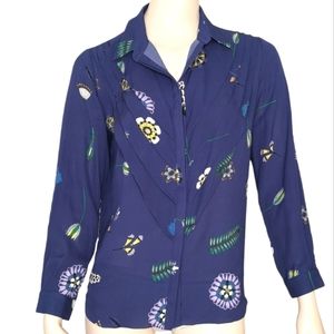 Novis New York The Waterford Blouse 100% Silk Navy Blue Cornflower Print Size 6